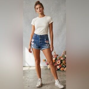 Project Rebel "Gingham Rip" Mid-Wash Denim Cut-Offs